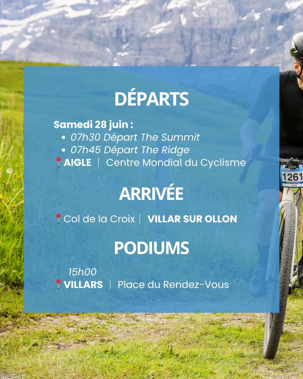 INFOS UTILES 

Retrouve toutes les infos essentielles pour ta venue à l'UCI Gravel Suisse le 28 juin prochain. 

Autre infos utiles : sur notre site internet -> lien en bio 

____

USEFUL INFORMATION

Find all the essential details for your visit to the UCI Gravel Suisse on June 28.

More useful info available on our website –> link in bio.

#UCIGravelSuisse
#alpesvaudoises
#villars