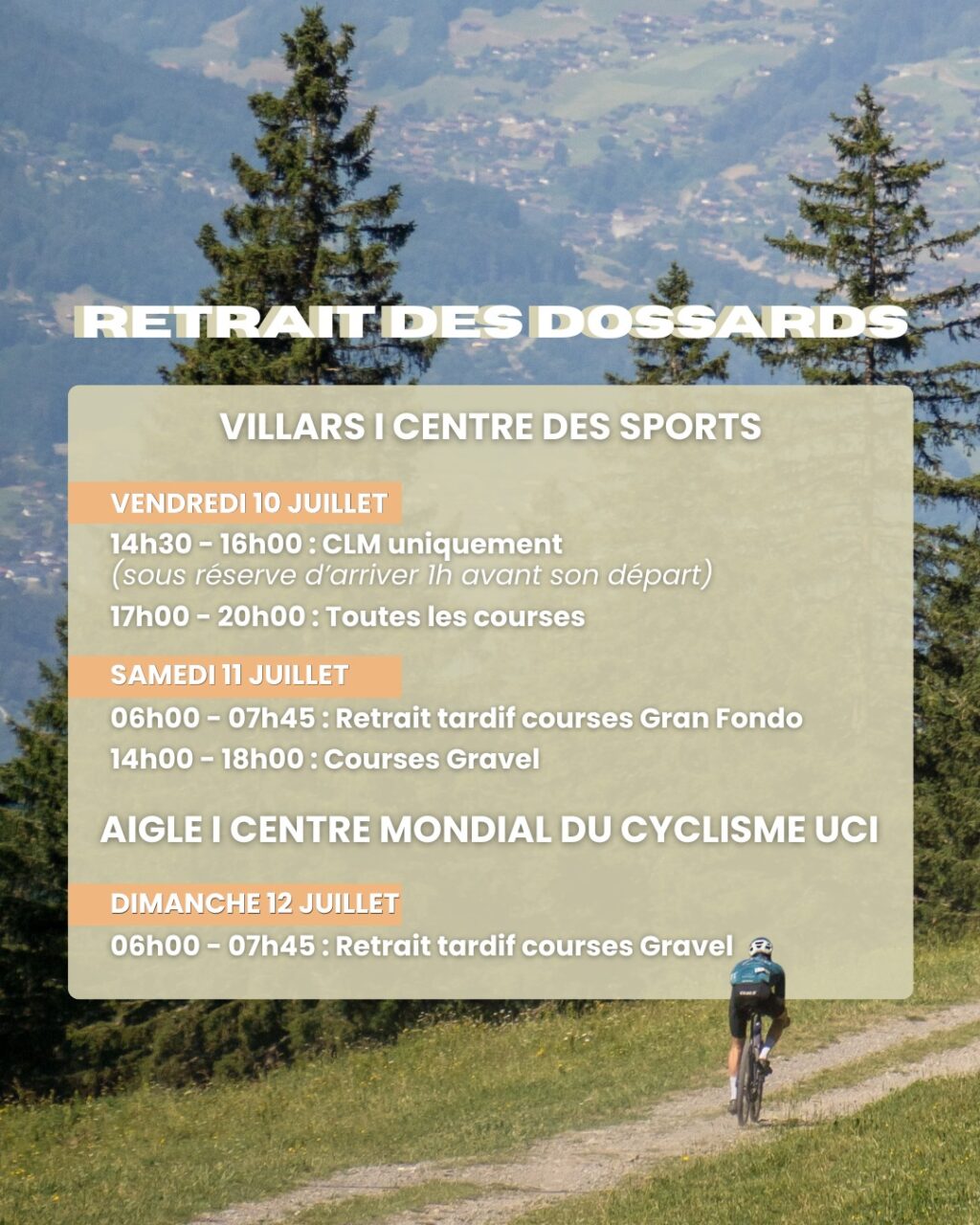 Plus que quelques jours à patienter avant le top départ des The Majestics ! 🌞

Retrouve les informations essentielles pour préparer ta venue.

Le guide du coureur est également disponible, alors n'oublie pas d'aller y jeter un œil. 😉
___

Only a few days left until the The Majestics kick off! 🌞

Check out the essential information to help you prepare for your visit.

The Runner's Guide is also available, so don't forget to take a look! 😉

 #alpesvaudoises #villars #gravelbike #gravelride #uci #granfondo #cycle