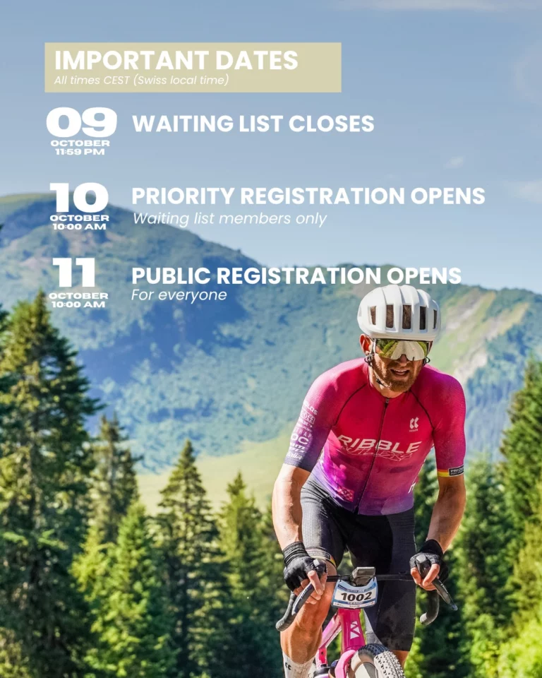 Registration opens this Sunday — Get a head start!

Registration for The Majestics UCI 2027 opens to everyone on Sunday 11 October at 10 am. 🚴🏼‍♀️

Want to be in the breakaway? Join our waiting list and receive the registration link on Saturday 10 October at 10 am — 24 hours before everyone else, with priority access to our best rates, available in limited quantities. 😉

Join the waiting list → link in bio, until Friday 9 October at 11:59 pm. ✍️

All times are Swiss local time. 🇨🇭

___

Les inscriptions ouvrent ce dimanche — Prends une longueur d’avance !

Les inscriptions pour The Majestics UCI 2027 ouvrent à tous le dimanche 11 octobre à 10h00. 🚴🏼‍♀️

Tu veux rejoindre l’échappée ? Inscris-toi sur notre liste d’attente et reçois le lien d’inscription le samedi 10 octobre à 10h00 — 24 heures avant tout le monde, avec un accès prioritaire aux meilleurs tarifs, disponibles en quantité limitée. 😉

Inscription sur la liste d’attente → lien en bio, jusqu’au vendredi 9 octobre à 23h59. ✍️

📷 @kuva.swiss 

#themajesticsUCI 
#villars #alpesvaudoises